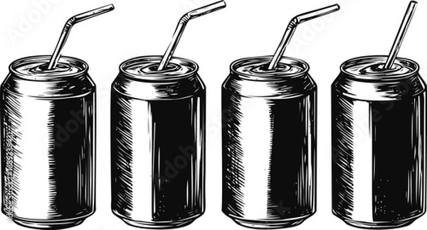 Fototapeta Illustration of four soda cans with straws in black and white sketch style. Vector illustration