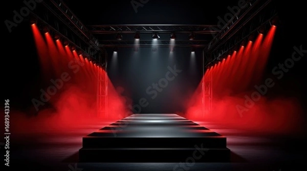 Fototapeta Empty fashion show runway or concert stage with dramatic red spotlights and smoke effects on a dark background for product presentation or performance