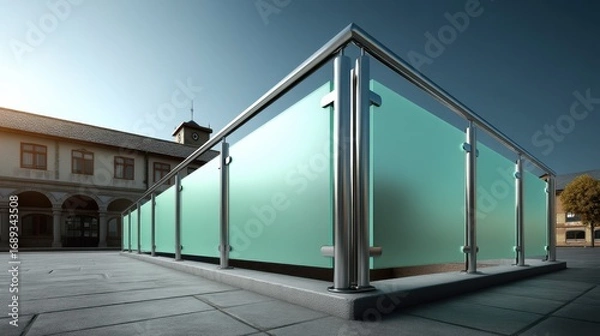 Fototapeta Modern stainless steel and frosted glass railing on a stone patio with a traditional architectural building in the background