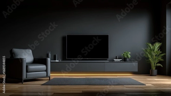 Obraz Sleek minimalist living room interior with a large wall-mounted television, a comfortable armchair, and a floating console with warm backlighting on a dark wall