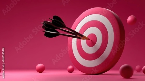 Fototapeta Three black darts hitting the bullseye on a pink and white target representing business success, goal achievement, and marketing strategy on a monochrome background