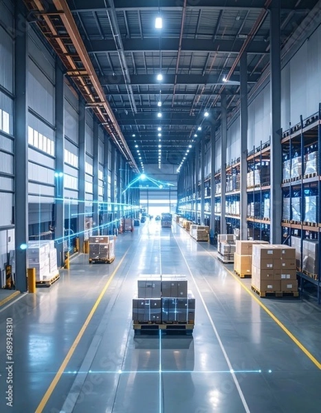 Fototapeta Warehouse interior with digital overlay