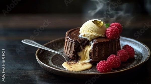 Fototapeta Chocolate lava cake with molten center flowing onto glass plate, vanilla ice cream scoop with gold leaf, fresh raspberries, elegant fine dining dessert presentation
