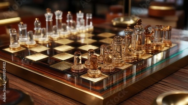 Obraz Elegant crystal and gold chess set displayed on luxury glass chessboard with wooden frame, showcasing sophisticated game strategy in upscale home or club setting