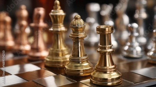 Obraz Strategic elegant gold chess pieces arranged on classic chessboard with silver opponents in background, showcasing business strategy and competitive intelligence