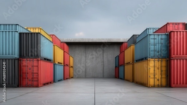 Obraz Organized colorful shipping containers stacked in rows at industrial port terminal with concrete wall background and open central pathway for logistics and freight transport industry