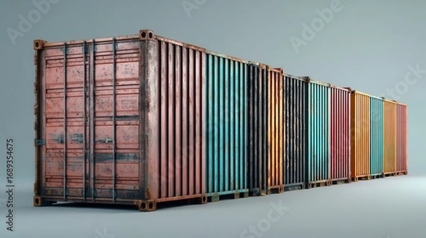 Obraz Weathered colorful shipping containers lined up in row against neutral background, showing industrial transport equipment used in global logistics and freight industry with free copy space