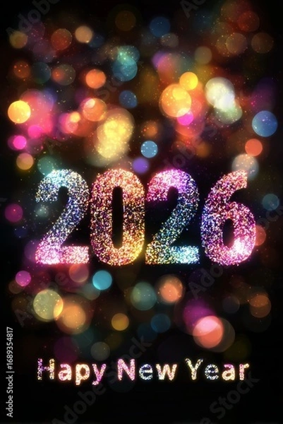 Fototapeta Happy New Year 2026 Glitter Design with Colorful Bokeh