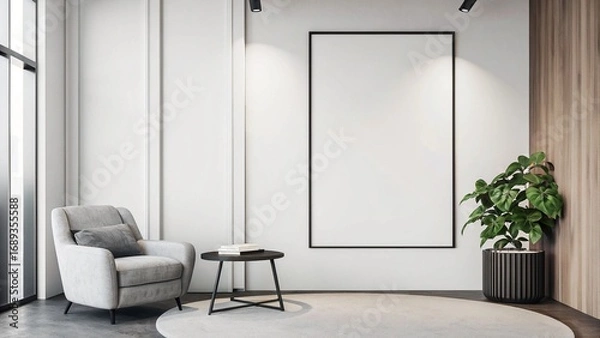 Fototapeta Modern interior design with light empty mock-up wall and gray furniture, loft and vintage of living room. Armchair, table with green plant in pot, round carpet on floor, on white wall background