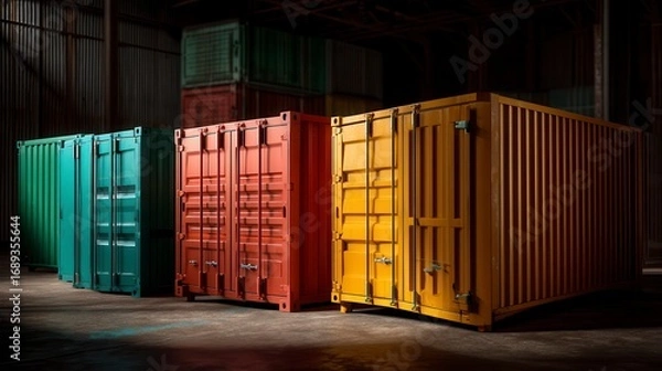 Obraz Dramatic colorful shipping containers arranged in warehouse with turquoise, red, and yellow metal units illuminated against dark industrial background in global logistics industry