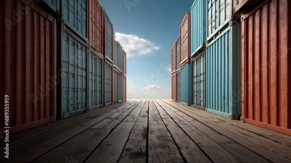 Obraz Industrial perspective of colorful shipping containers stacked along wooden dock pathway under blue sky with clouds, global trade and logistics concept with free copy space