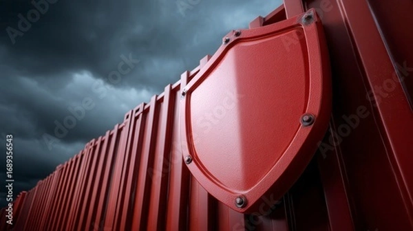 Obraz Dramatic red shipping container with shield security emblem against stormy sky background in global logistics industry, symbolizing cargo protection