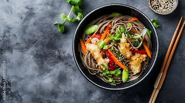 Fototapeta Soba noodles with tempura vegetables on the side