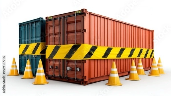 Obraz Secured shipping containers with caution tape and traffic cones surrounding restricted cargo area on white background, international trade and logistics safety concept