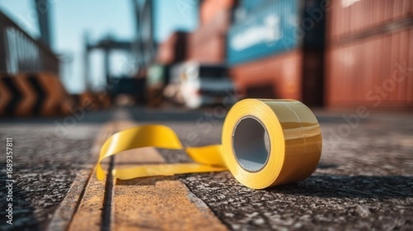 Obraz Industrial yellow caution tape roll on construction site pavement with blurred road work background, safety marking for hazard zones in urban infrastructure project