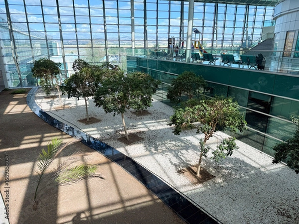 Fototapeta Courtyard with trees and gravel ground inside a modern glass terminal. Ecology, architecture, and balance of natural greenery with structural airport environment.