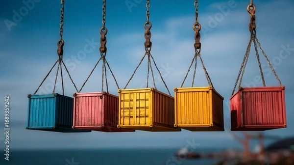 Obraz Colorful shipping containers suspended by chains against blue sky background, miniature freight transport concept for global logistics industry
