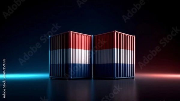 Obraz Dramatic Dutch flag shipping containers illuminated against dark background with blue and red light accents in global trade and logistics industry