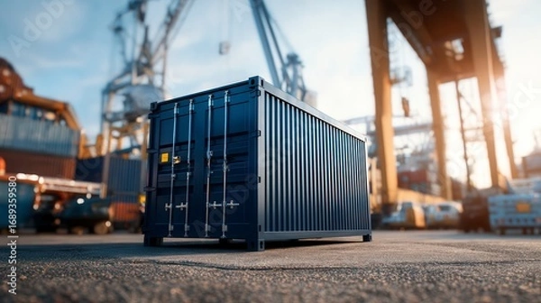 Obraz Industrial blue shipping container positioned at busy port with cargo cranes in background during golden hour sunset, global logistics and freight transport industry