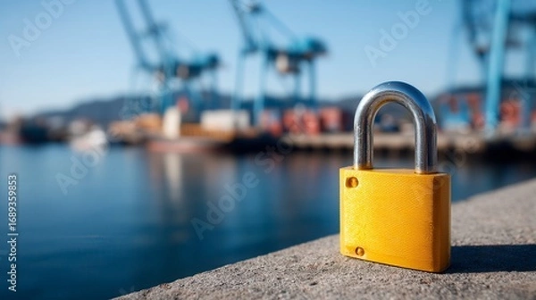 Obraz Secure yellow padlock at harbor dock with blurred shipping port cranes in background, symbolizing maritime security and supply chain protection