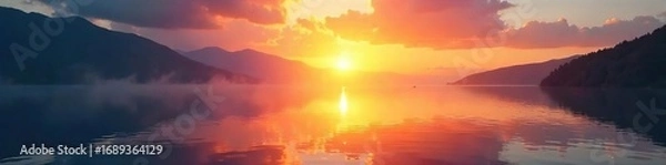 Fototapeta Serene sunrise over a tranquil lake, reflecting the calm and peace found in spiritual awakening Perfect for meditation, mindfulness, and inner peace themes , reflection, solitude, nature