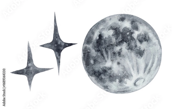 Fototapeta Set of isolated illustrations stars full moon textured black with grain watercolor nighttime astronomical space composition hand drawn
