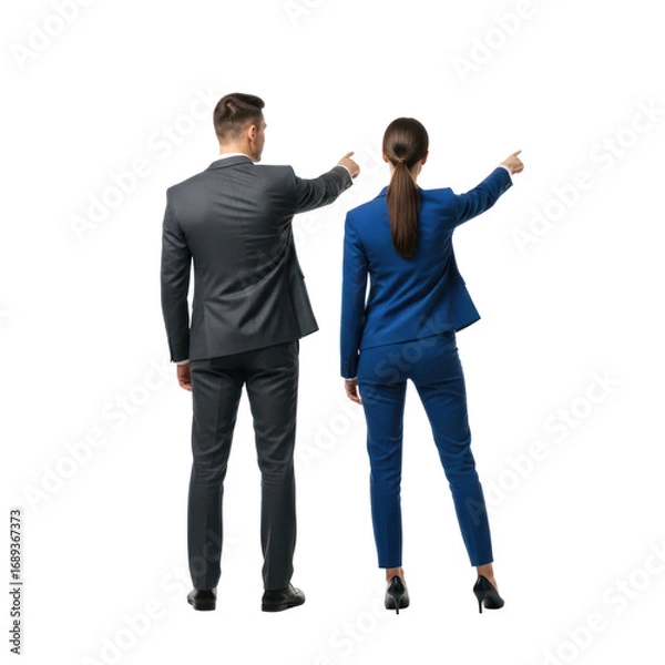 Fototapeta Two business professionals standing and pointing towards a digital screen.