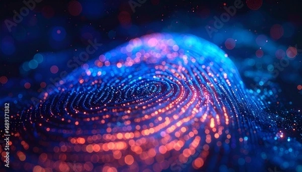 Fototapeta Futuristic digital fingerprint glowing with data dots, symbolizing biometric security, identity protection, and advanced technology