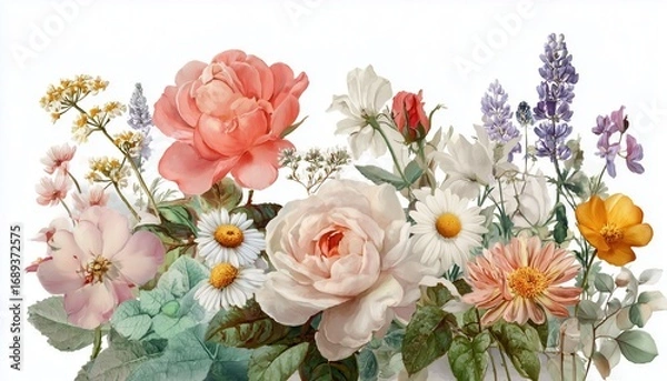 Fototapeta Soft flowers bloom in many colors. The background is clean and white.
