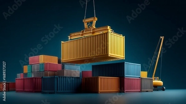 Obraz Dynamic yellow shipping container suspended by crane above colorful stacked containers with miniature construction equipment against deep teal background in global logistics industry