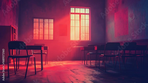 Obraz Empty Classroom Bathed in Red Light with Sunlight Streaming Through Windows