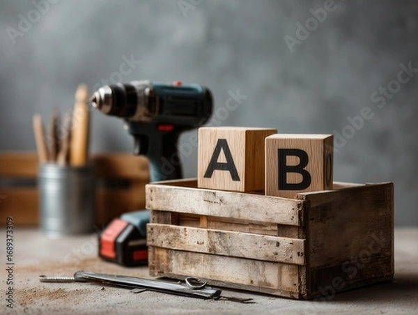 Fototapeta Wooden blocks with letters sit in a crate. A drill and tools are behind them.