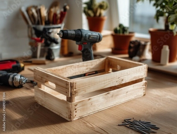 Fototapeta Wooden crate sits on a workbench. Tools and screws are nearby.