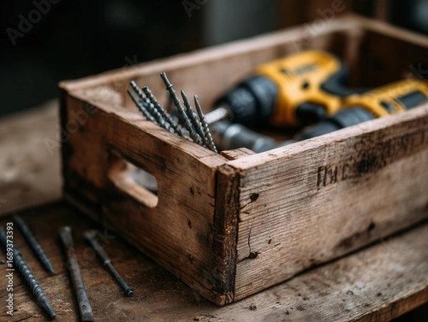 Fototapeta Wooden crate sits on a workbench. Tools and screws are nearby.
