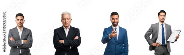 Fototapeta Four men in business attire, one older and three younger, standing in a row with arms crossed.