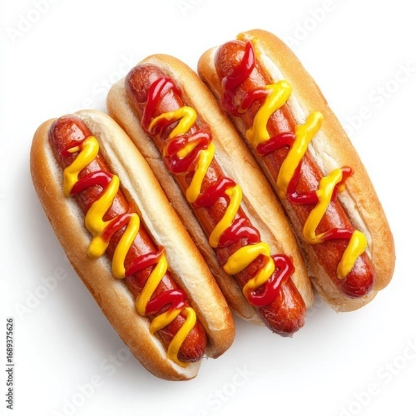 Fototapeta Close-up shot of three delicious hotdogs with ketchup and mustard