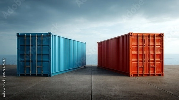 Obraz Contrasting blue and orange shipping containers positioned on concrete dock by ocean under cloudy sky - global trade and logistics concept with free copy space