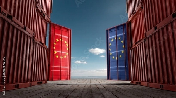 Obraz Strategic EU and China trade relationship shown through shipping containers with flag designs facing each other at port under blue sky with free copy space