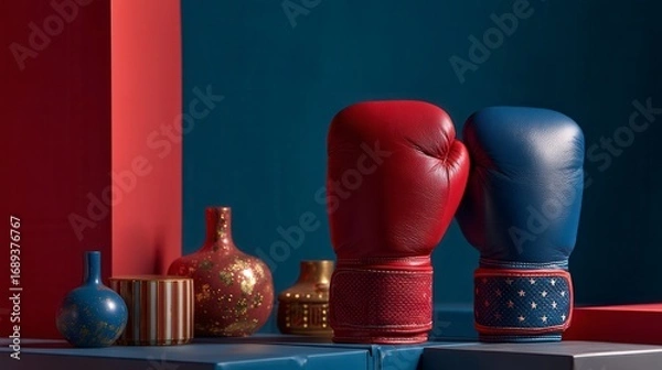 Obraz Dynamic red and blue boxing gloves touching against patriotic backdrop with decorative vases, representing American competition in sports arena