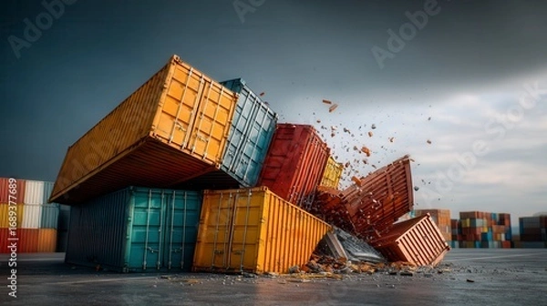 Obraz Dramatic shipping container accident with colorful freight containers collapsing and breaking apart at shipping yard, illustrating logistics disaster and supply chain disruption against stormy sky