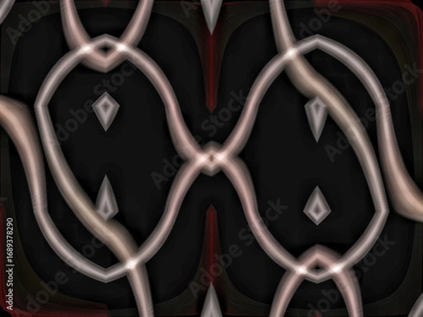 Fototapeta Intertwined metallic lines form an abstract, symmetrical pattern on a dark background, creating a futuristic and elegant design suitable for various creative projects. Digitally generated images.