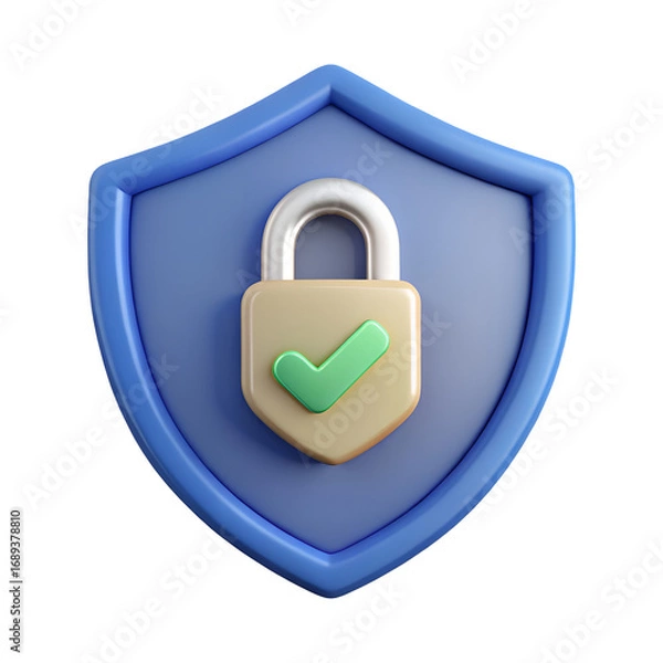 Fototapeta 3D icon of a shield with a verified padlock for security and protection, with a transparent background - Generative AI
