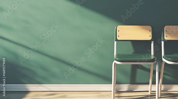 Obraz Two green chairs against a teal wall with sunlight casting shadows