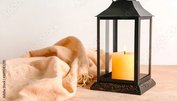 Obraz Warm candle lantern, draped fabric