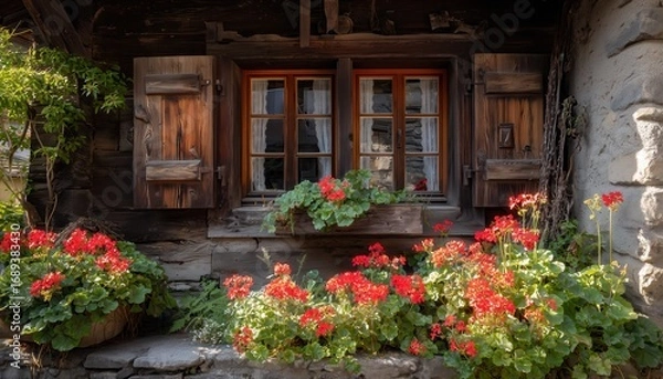 Fototapeta Red flowers bloom in a wooden window box. Rustic shutters frame the scene.