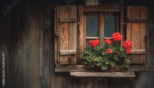 Fototapeta Red flowers bloom in a wooden window box. Rustic shutters frame the scene.
