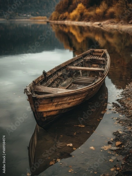 Fototapeta Wooden boat floats near tall grass. Its reflection shines on calm water.