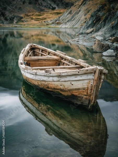 Fototapeta Wooden boat floats near tall grass. Its reflection shines on calm water.