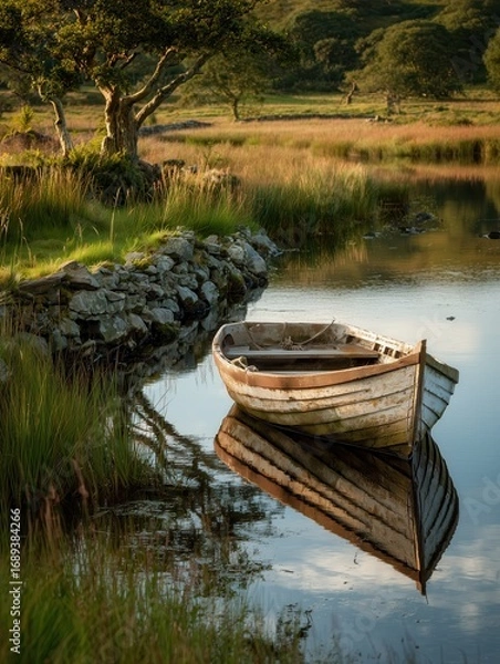 Fototapeta Wooden boat floats near tall grass. Its reflection shines on calm water.