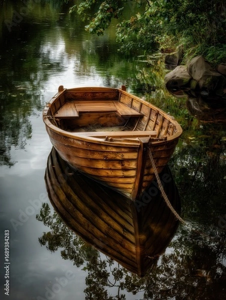 Fototapeta Wooden boat floats near tall grass. Its reflection shines on calm water.